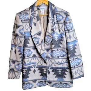 Vintage Capezio Wool Blend Aztec Southwestern Tribal Blazer Blue Size 10